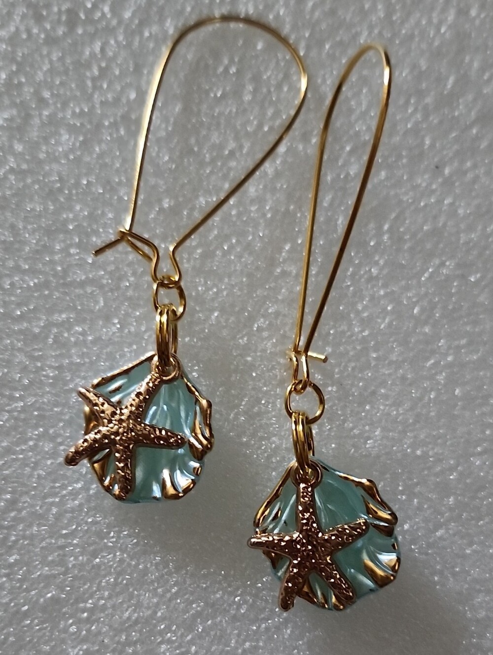 Hand Crafted Gold Starfish Teal Drop Earrings
